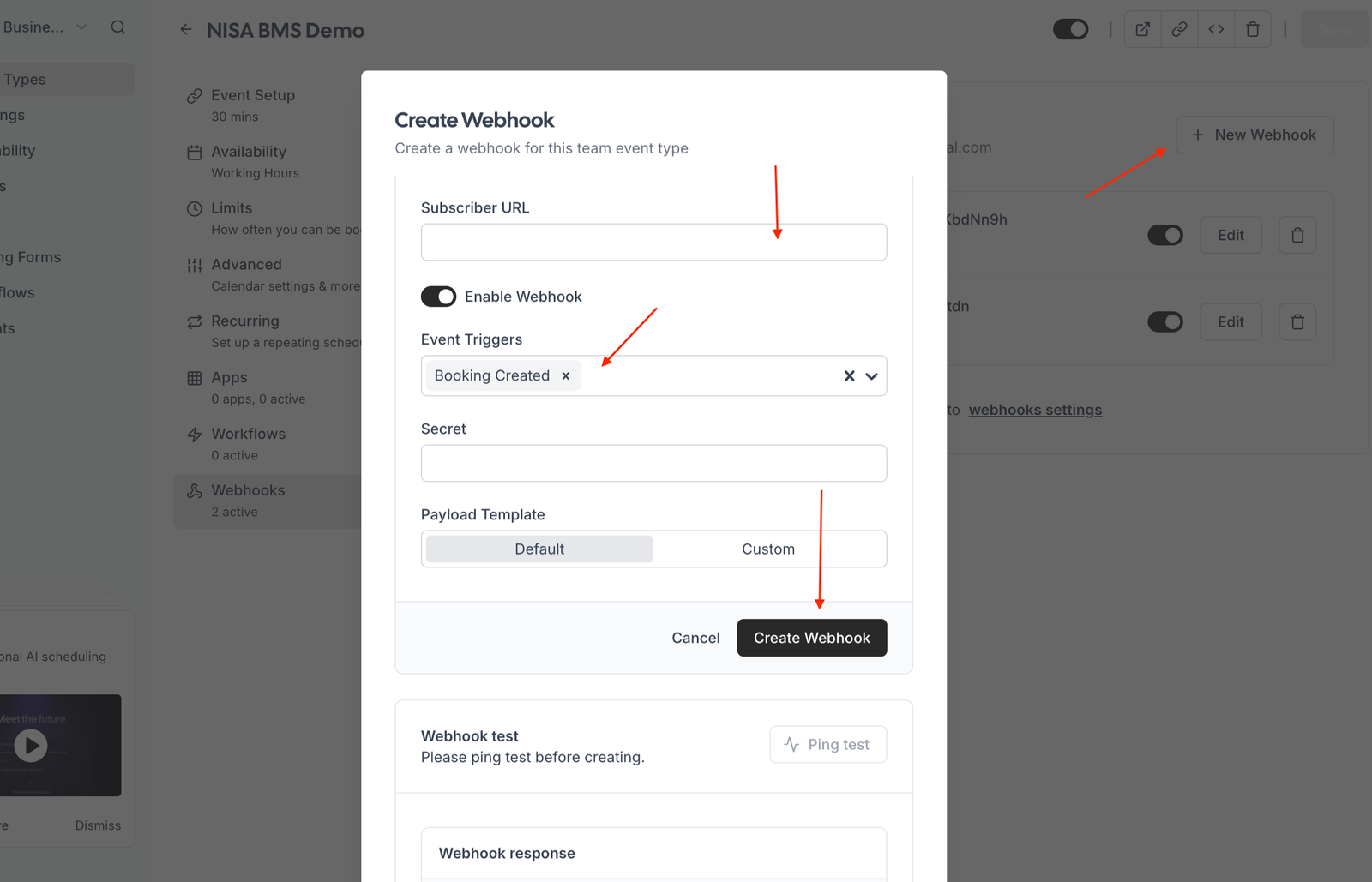 Cal.com Webhooks Settings