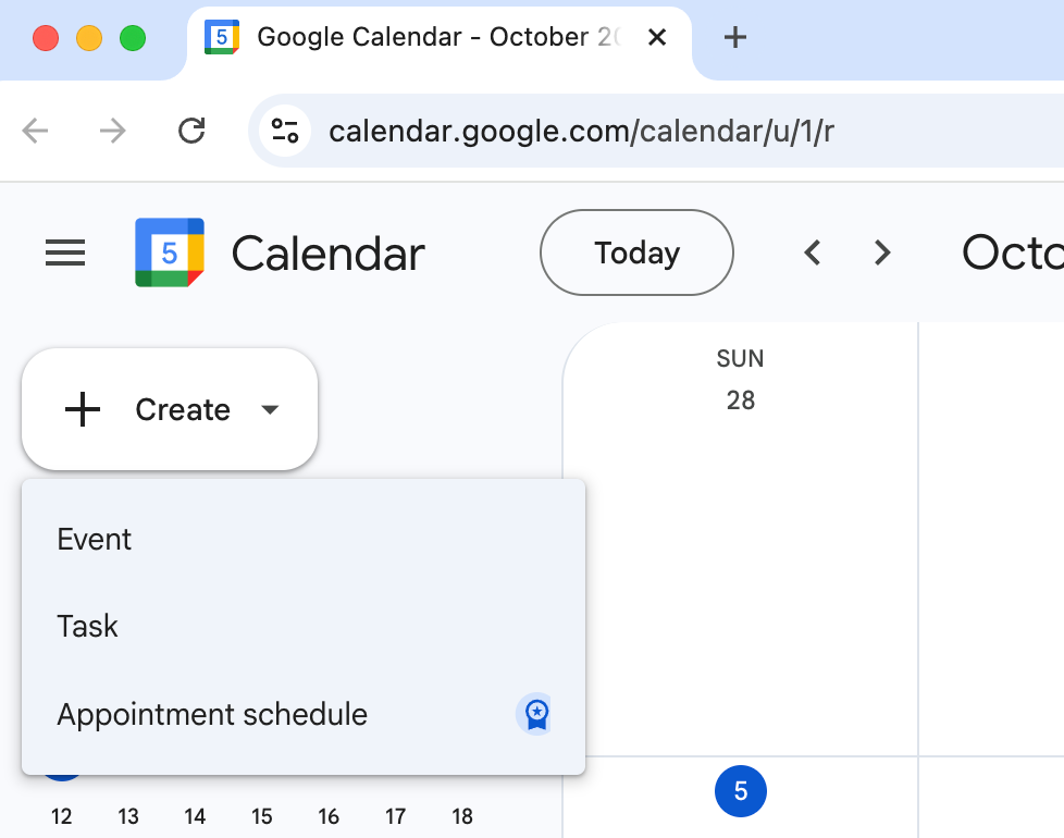 Opening Google Calendar and selecting 'Appointment schedule' to create a booking system