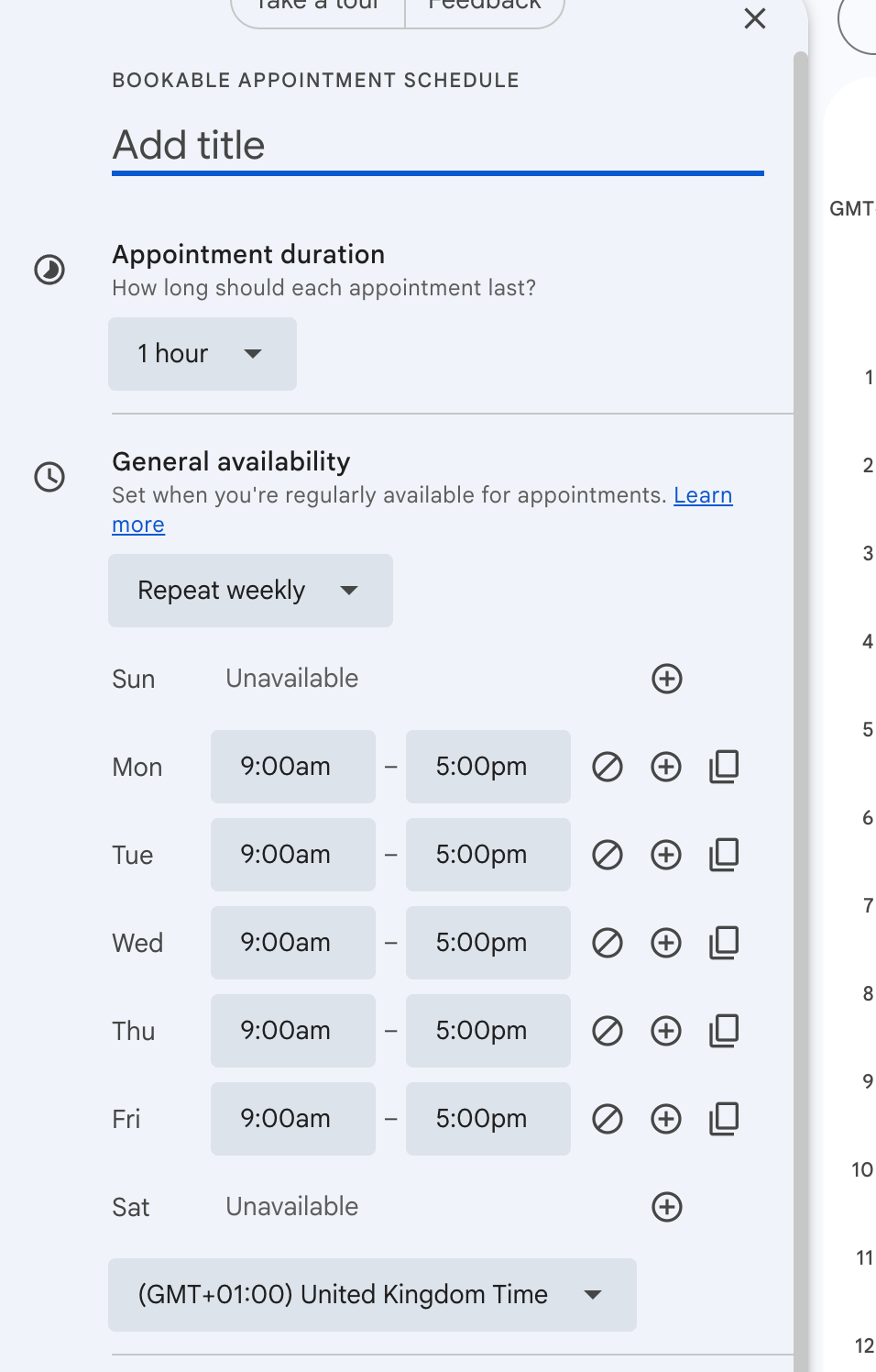 Setting up appointment slots in Google Calendar with title, duration, availability, and time zone