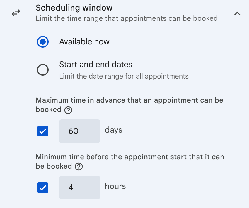 Limiting advance booking and setting minimum notice time for appointments in Google Calendar