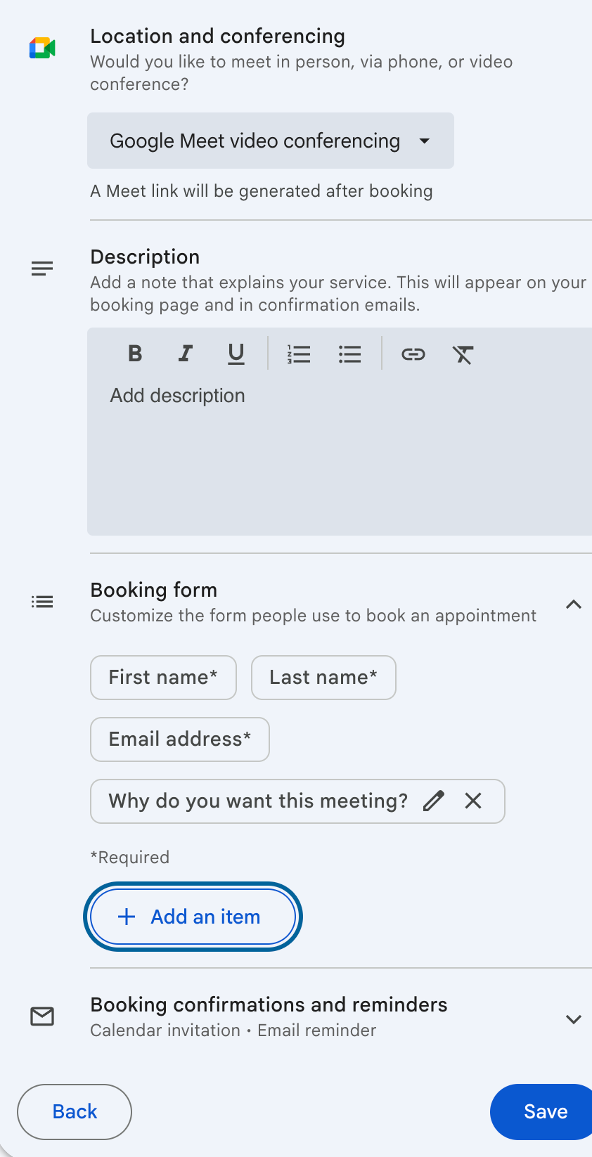 Customizing booking details with description, meeting location, and additional form fields in Google Calendar