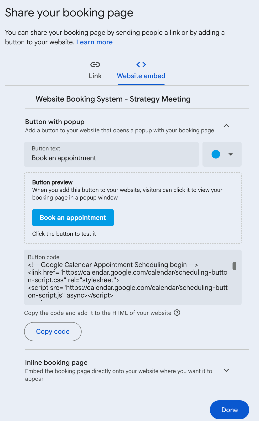 Sharing Google Calendar booking system with link or website embed for clients to book appointments