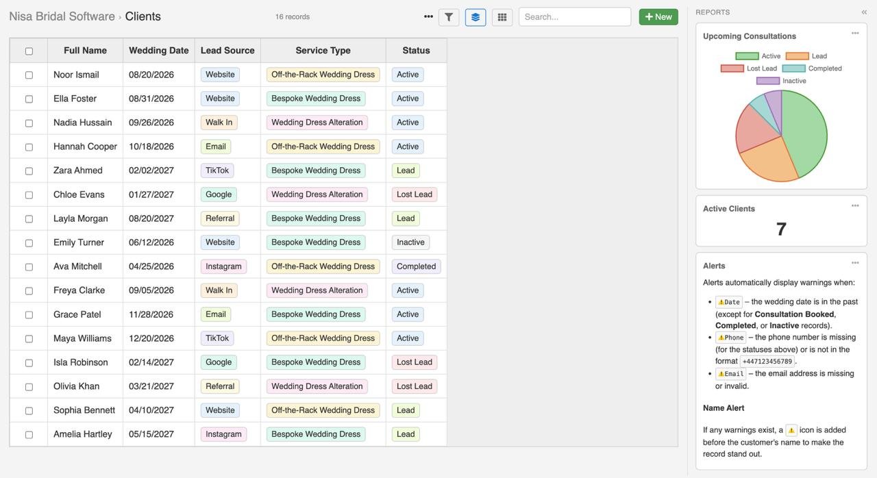Nisa Bridal Software Client and appointment records