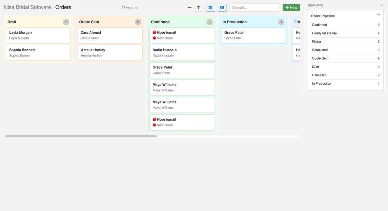 Nisa Bridal Software order board showing the bridal workflow from quote to pickup